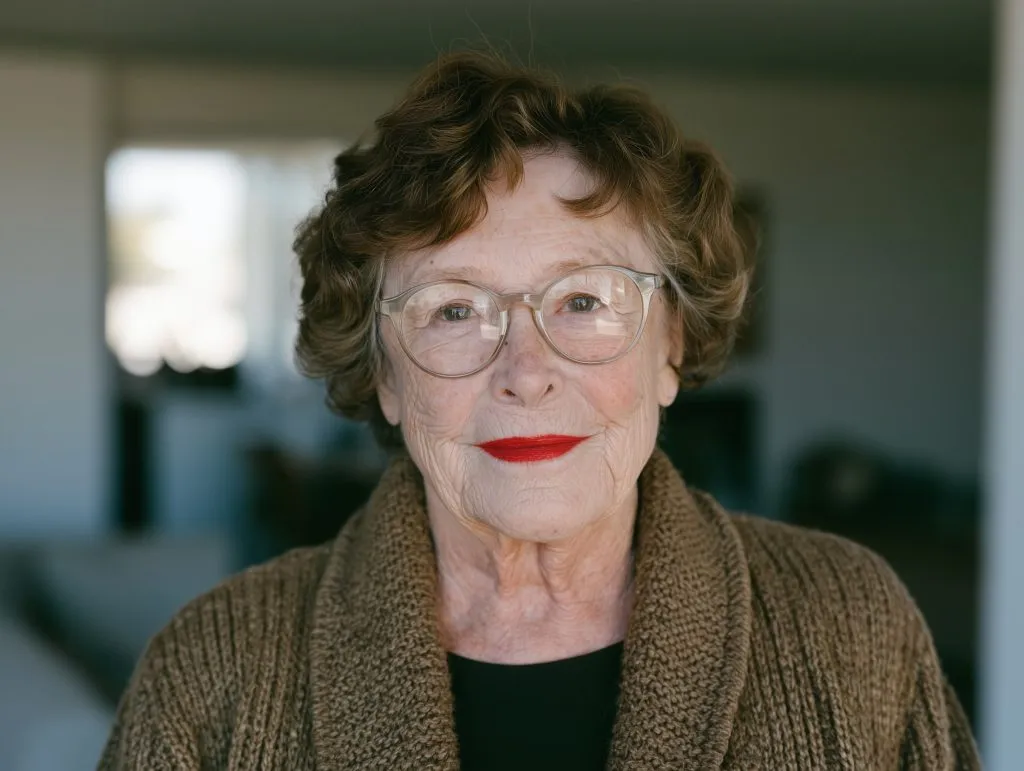 Portrait of Winona smiling, in round glasses and a brown knit cardigan.